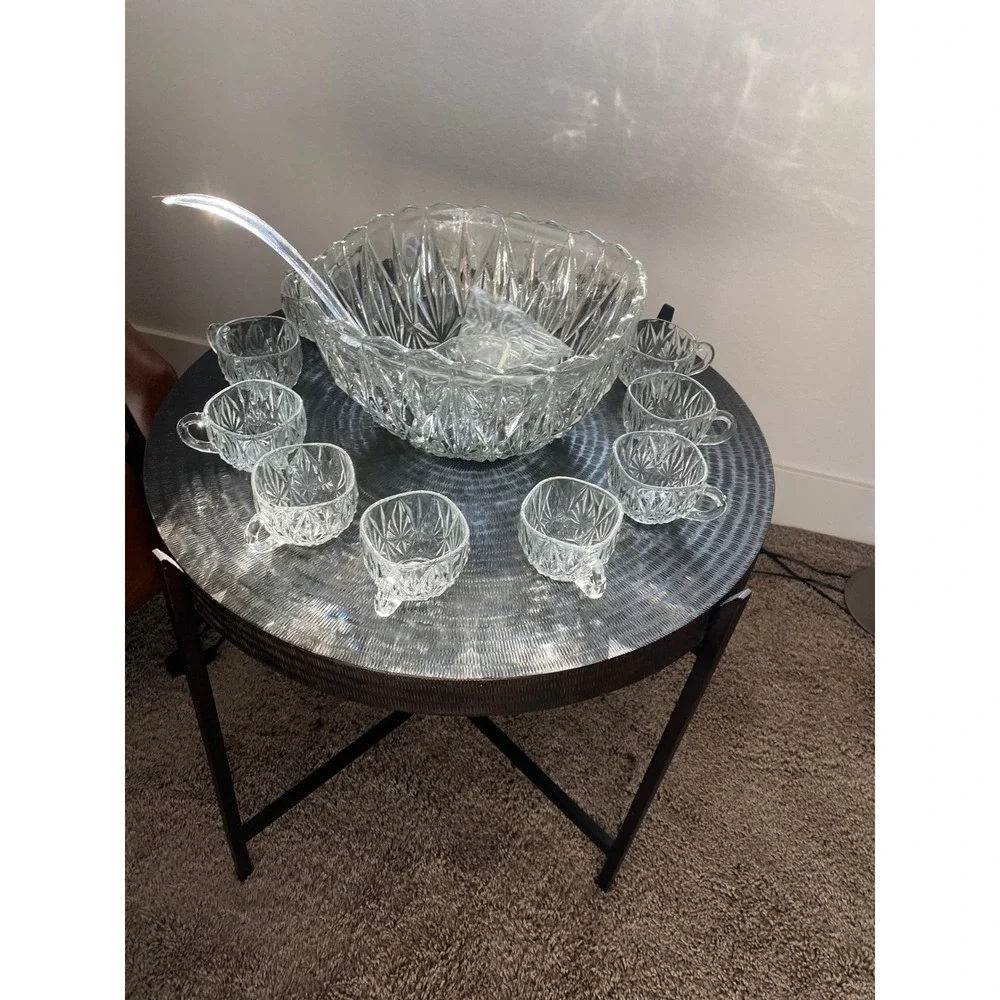 Williamsport  Vintage 12 Pc Prescut Crystal Punch Bowl Set w 10 Cups + Ladle